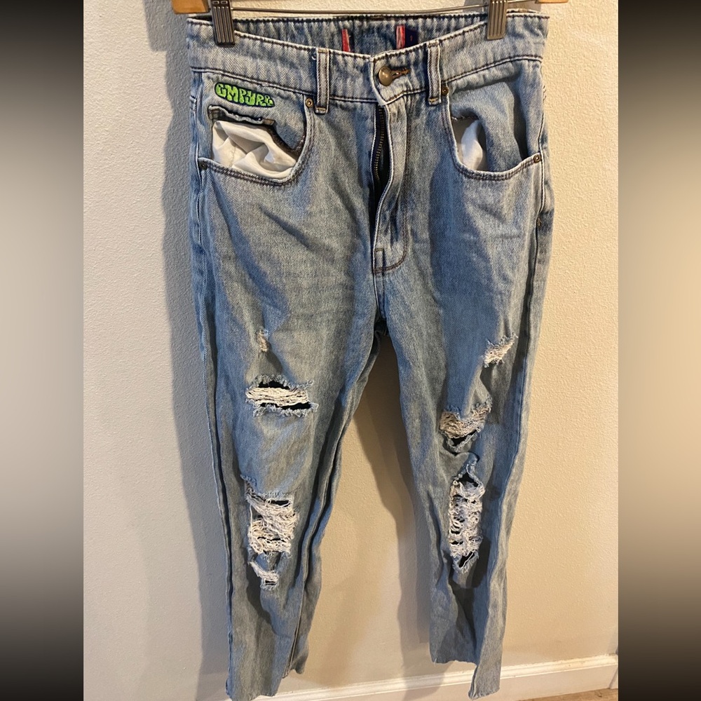Empire distressed light wash blue high rise jeans size 4